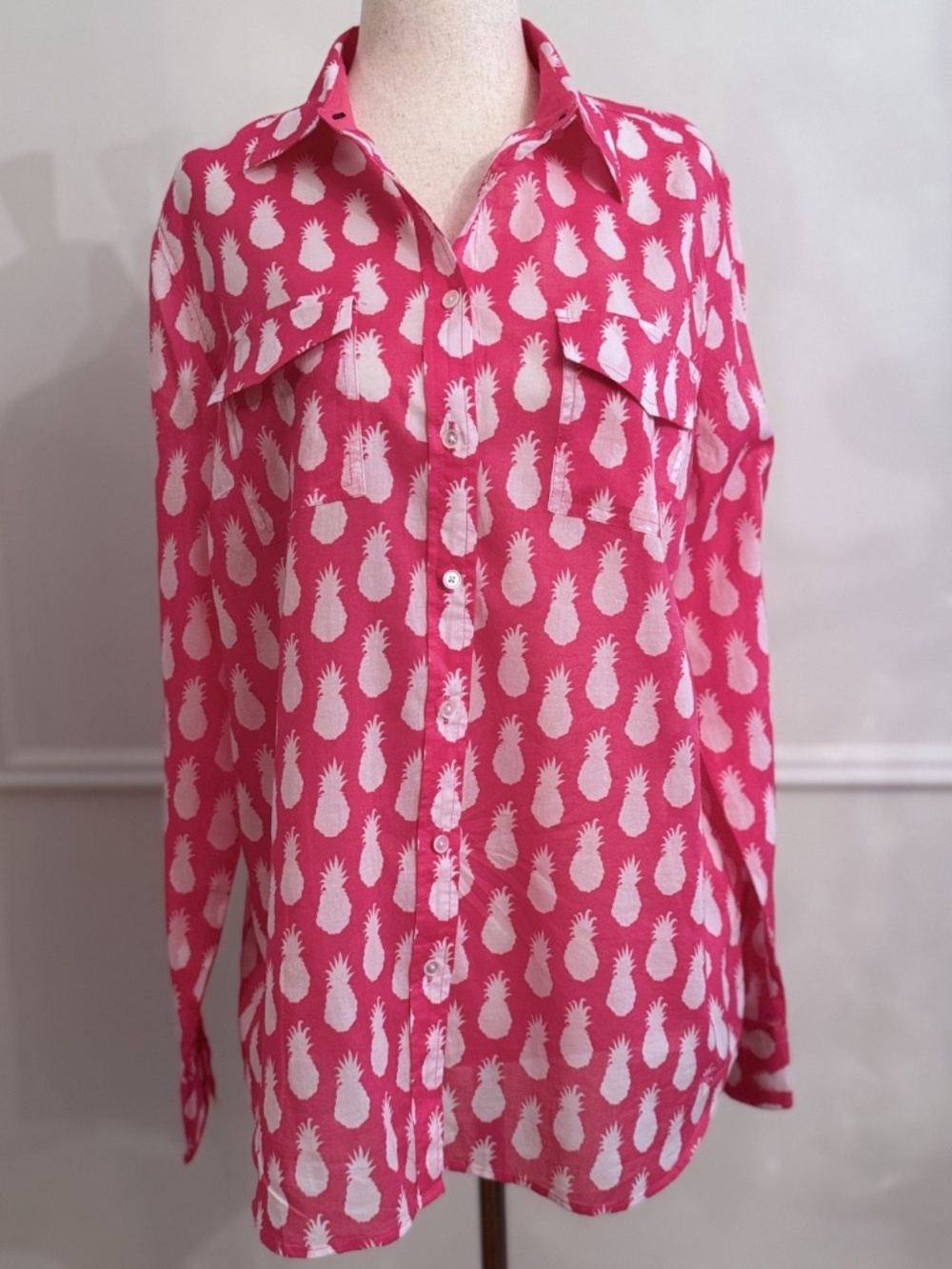 Talbots Pink Pineapple Print Cotton Button Down Shirt NWT Sz S